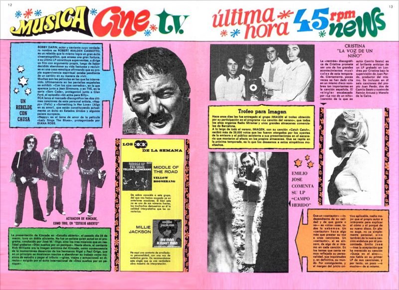 Doble página de la sección de música, cine y televisión del número 603 de la revista Lily. 25 de mayo de 1973.